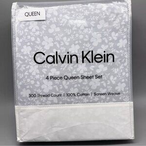 4pc Calvin Klein Expressive Floral Queen Sheet Set Dusty Blue Gray Sateen 300tc
